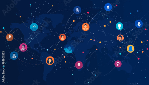Global Business Network, diverse professionals linked through colorful dots on a geographical background.