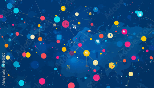 Global Business Network, diverse professionals linked through colorful dots on a geographical background.
