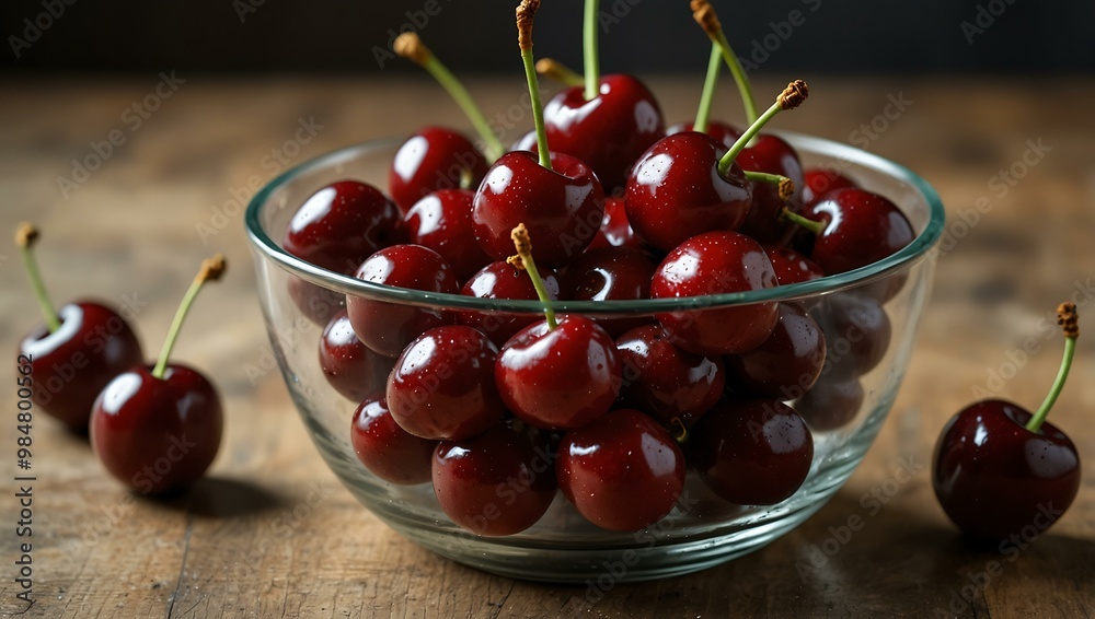 Cherries in a glass bowl.