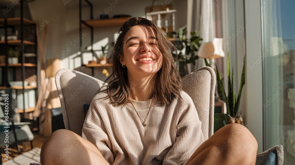 Relaxed Young Woman in Cozy Chair by Window, Enjoying Peaceful Moment. This image evokes feelings of peace, comfort, and home. Relaxed Young Woman in Cozy Chair by Window, Enjoying Peaceful Moment. This image evokes feelings of peace, comfort, and home.