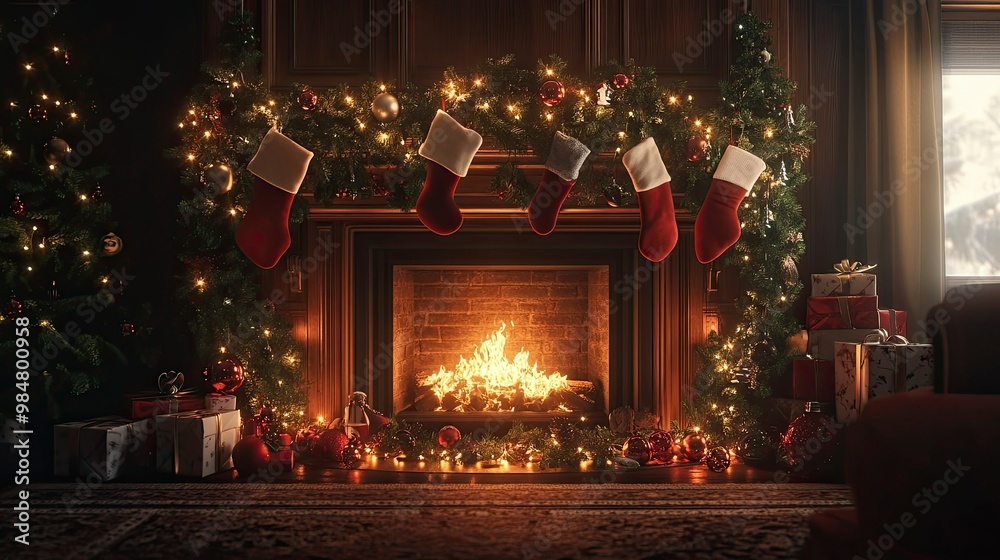 A cozy fireplace decorated with a garland of pine, stockings hung neatly above, and Christmas ornaments scattered below.