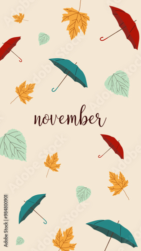 Autumn november poster on beige background with blue yellow maple leaves and blue red umbrella for social media template poster, banners, wallpapers, pattern with text autumn leaves, phones