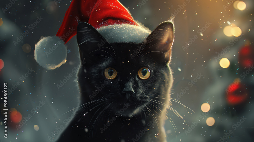 Black cat in red Santa hat with blurred Christmas lights and snowflakes, festive holiday ambiance Black cat in red Santa hat with blurred Christmas lights and snowflakes, festive holiday ambiance