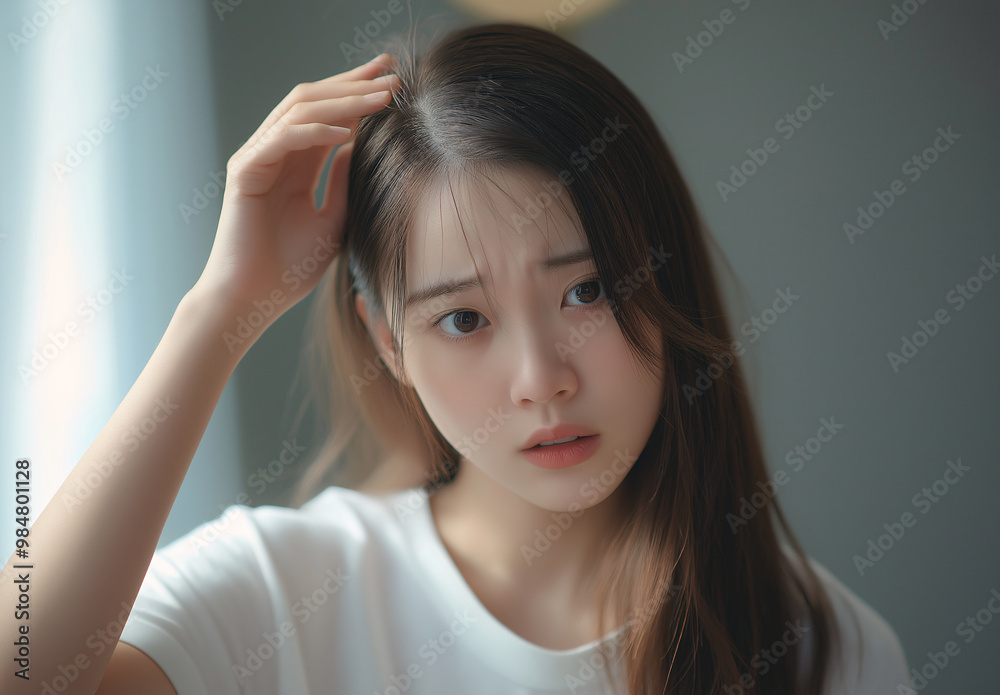 A young woman with long hair sits thoughtfully, gazing off to the side while deep in contemplation in a softly-lit room A young woman with long hair sits thoughtfully, gazing off to the side while deep in contemplation in a softly-lit room