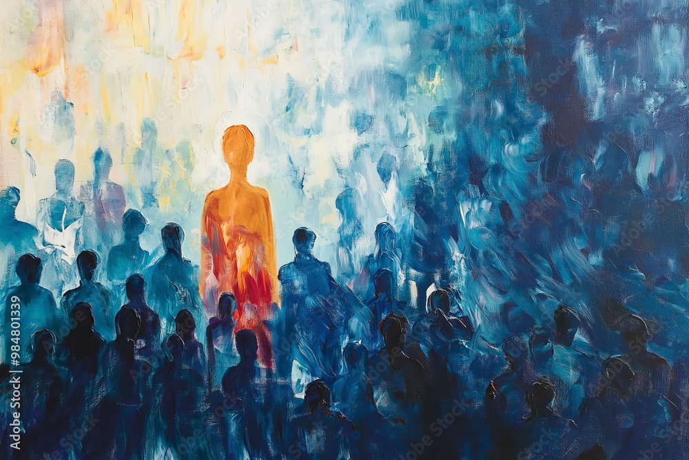 Abstract artwork depicting an orange human figure standing out from a crowd of blue silhouettes, symbolizing individuality and self-expression Abstract artwork depicting an orange human figure standing out from a crowd of blue silhouettes, symbolizing individuality and self-expression