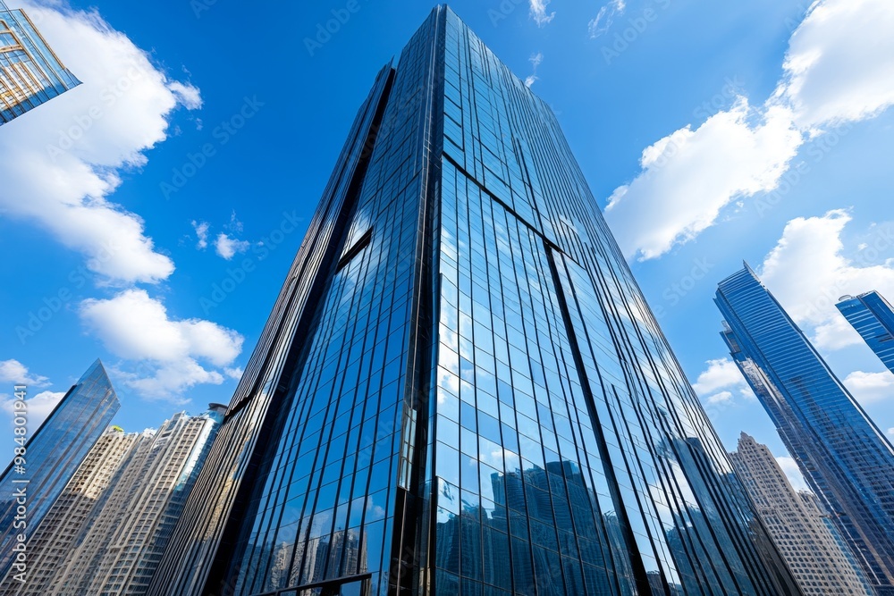 Fototapeta premium A modern glass skyscraper reflecting the city skyline, showcasing sleek and futuristic architecture