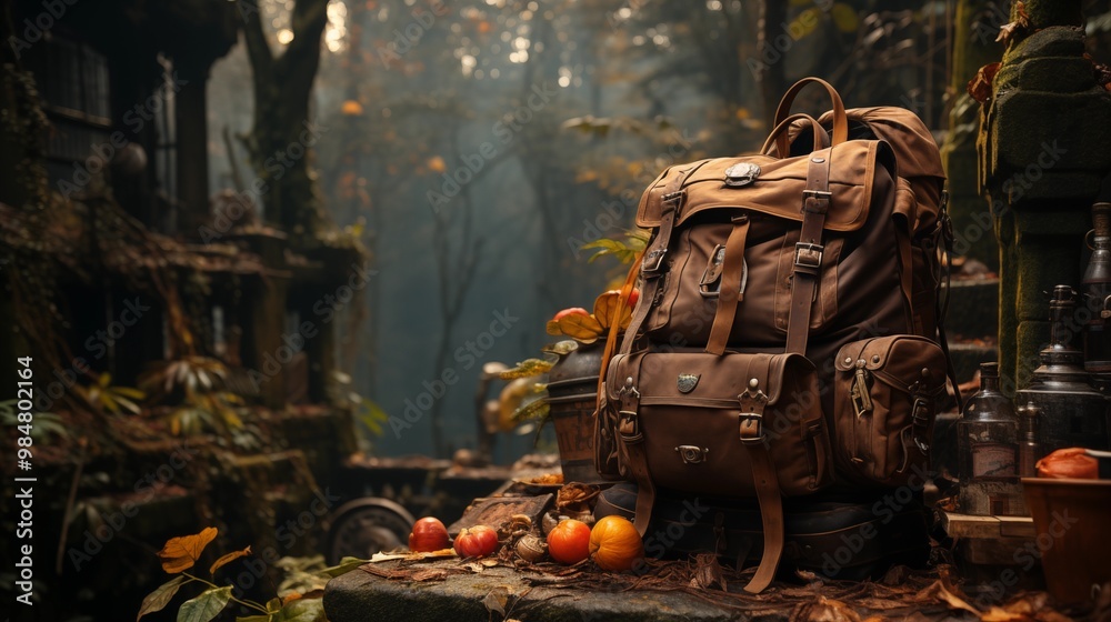 In the foreground, there's a well-worn backpack, a water bottle, and a pair of sturdy leather ankle boots, all set against the backdrop of towering trees. In the foreground, there's a well-worn backpack, a water bottle, and a pair of sturdy leather ankle boots, all set against the backdrop of towering trees.