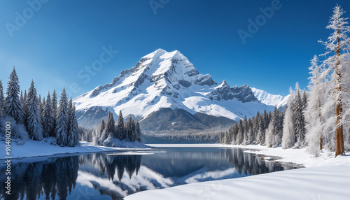 Snowy mountain peak in winter forest landscape