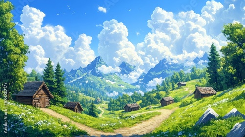 An idyllic countryside scene with rustic cottages, rolling hills, and vibrant clouds in the afternoon