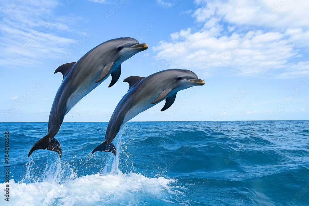 A pair of dolphins jumping out of the ocean, captured mid-air with the waves crashing below them A pair of dolphins jumping out of the ocean, captured mid-air with the waves crashing below them