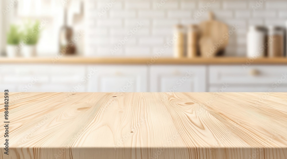 A clean wooden kitchen countertop with a bright, modern backdrop, perfect for cooking or food preparation. A clean wooden kitchen countertop with a bright, modern backdrop, perfect for cooking or food preparation.