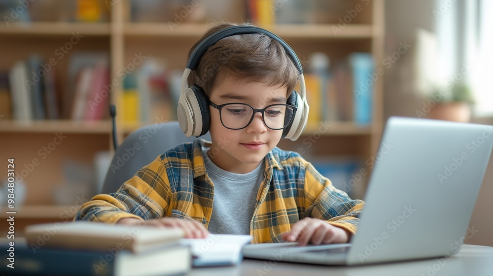 A young boy wearing glasses and headphones, focused on studying at home using a laptop, with books and a cozy home environment in the background, representing online learning A young boy wearing glasses and headphones, focused on studying at home using a laptop, with books and a cozy home environment in the background, representing online learning