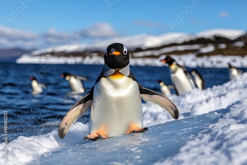 A penguin sliding down an icy slope, surrounded by snow and other penguins waddling in the distance
