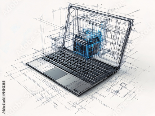 Futuristic laptop design blending digital and mechanical components, detailed blueprint-style wireframe illustration highlighting technological and architectural elements photo