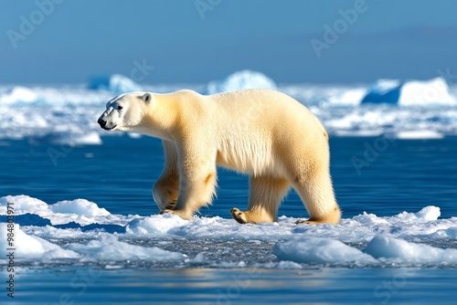 A polar bear walking across the Arctic ice, with a backdrop of icy blue waters and glaciers photo