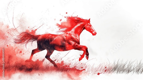 Red horse galloping in ink painting with dynamic splashes and white background conveying motion