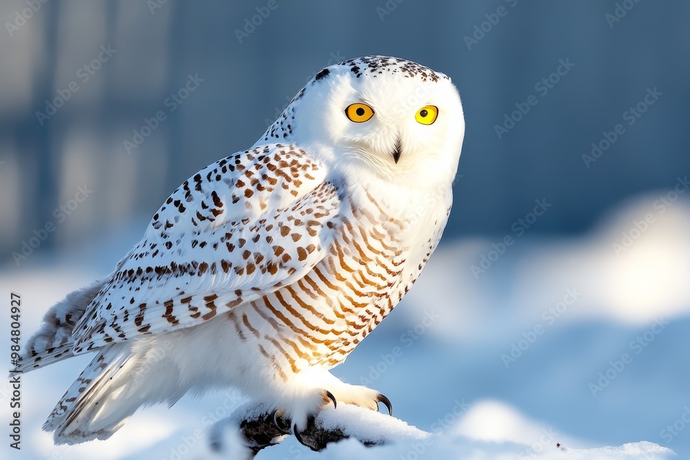 A snowy owl perched on a branch, its bright yellow eyes piercing through the snowy landscape A snowy owl perched on a branch, its bright yellow eyes piercing through the snowy landscape