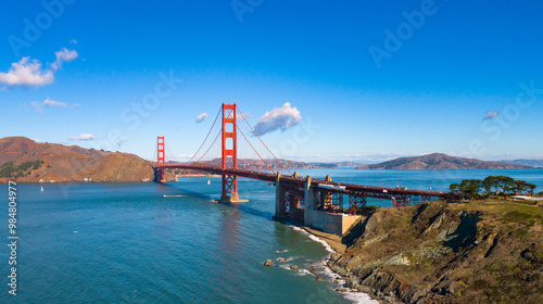 Golden Gate Bridge during day (Aerial Drone) with bay and mountains