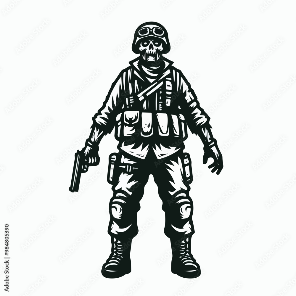 Zombie soldier in blood concept. Vector illustration. Drawing horror character illustration. Scary face picture. Red color background. Zombie soldier in blood concept. Vector illustration. Drawing horror character illustration. Scary face picture. Red color background.