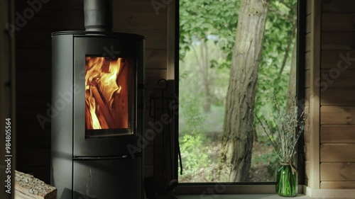 Immerse Yourself in the Cozy and Inviting Warmth of a Wood Stove Against a Stunning Nature View