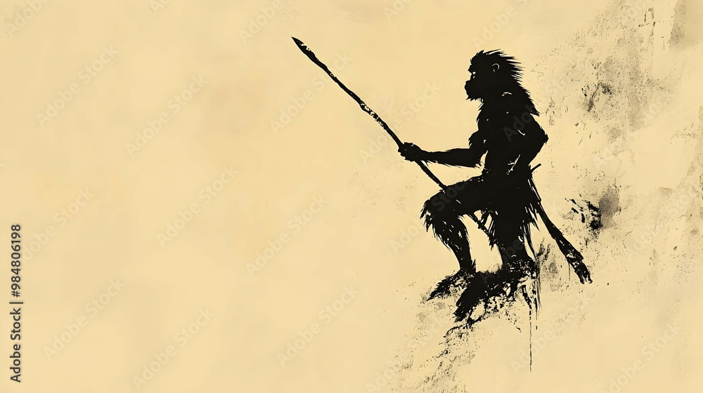 Naklejka premium Primitive Monkey Silhouette Holding Spear on Grunge Background