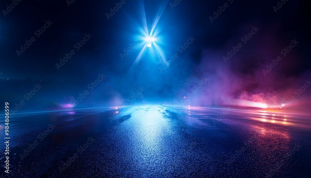 Wet asphalt, the reflection of neon lights, a searchlight, smoke. Abstract light in a dark empty road “Mystic Night Road Illuminated” Wet asphalt, the reflection of neon lights, a searchlight, smoke. Abstract light in a dark empty road “Mystic Night Road Illuminated”