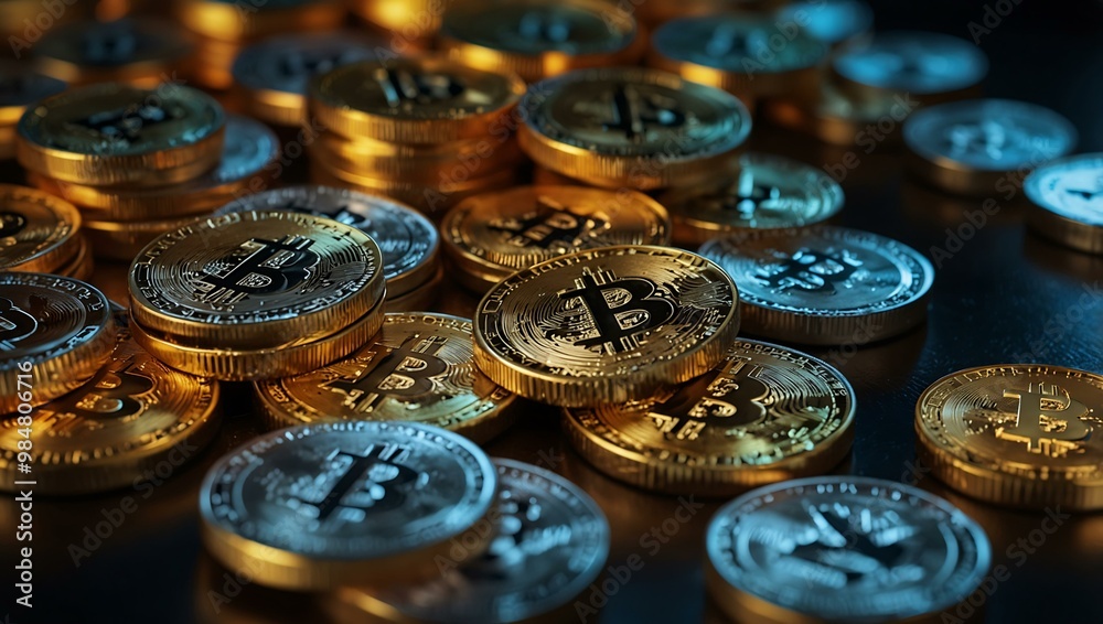 Close-up of illuminated cryptocurrency coins Close-up of illuminated cryptocurrency coins