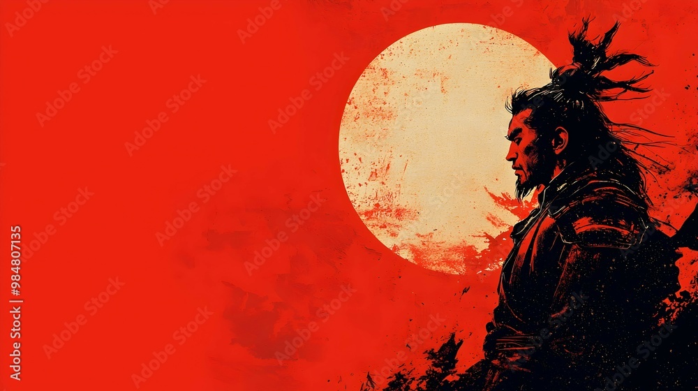 Silhouette of a Samurai Warrior Against Red Sunset