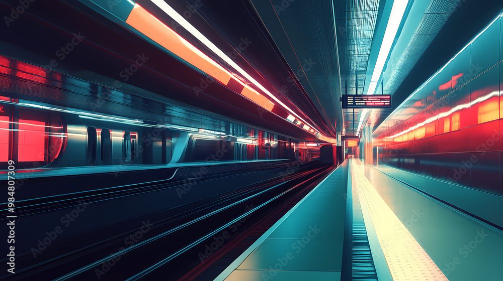 Futuristic subway station with vanishing perspective, sharp lines, and vibrant lighting, capturing the speed and modernity of urban transit systems. Subway Station. Illustration Futuristic subway station with vanishing perspective, sharp lines, and vibrant lighting, capturing the speed and modernity of urban transit systems. Subway Station. Illustration