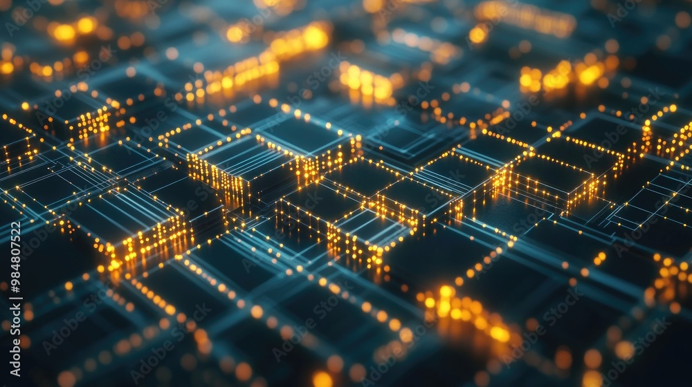 Obraz premium Abstract digital network with glowing lines and data blocks.