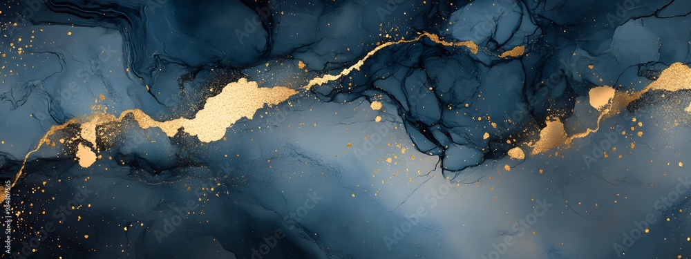 Fototapeta premium Abstract blue and gold marble background, liquid watercolor effect, soft flowing textures with splashes of metallic silver glitter on a dark gray backdrop.