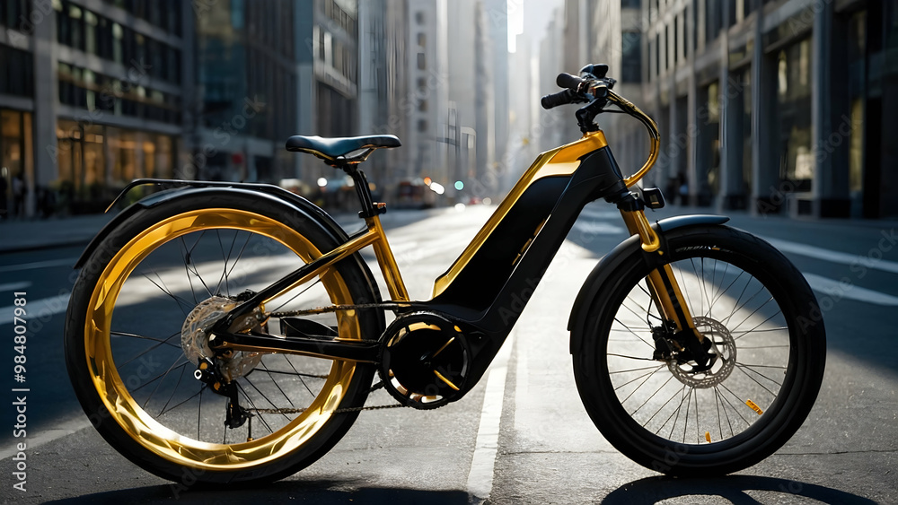 An electric bike with a sleek, modern design, featuring a yellow frame and black seat. It is positioned on a city street with tall buildings in the background. An electric bike with a sleek, modern design, featuring a yellow frame and black seat. It is positioned on a city street with tall buildings in the background.