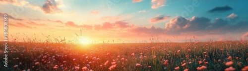 A vibrant sunset over a flower-filled meadow, showcasing the beauty of nature and the warmth of twilight colors.