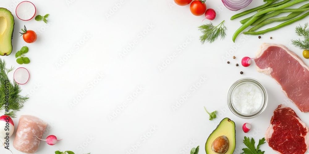 Fresh ingredients arranged for cooking, featuring meats and vegetables on a white background, perfect for culinary recipes.
