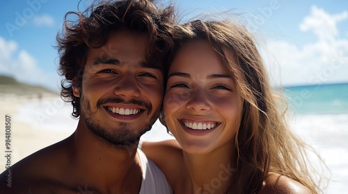 A happy couple enjoying a sunny day at the beach, radiating joy and love with the beautiful ocean in the background.