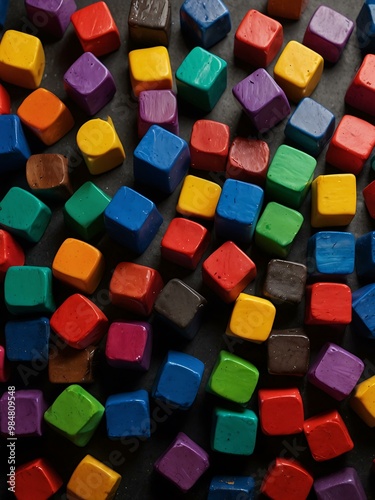 Colorful cubes scattered on a black background.