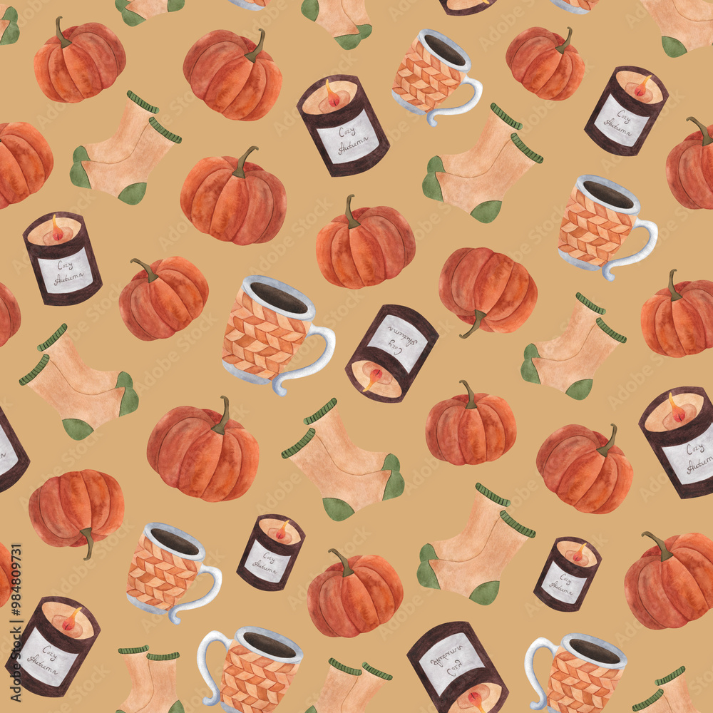 Watercolor autumn 2024 seamless pattern with pumpkin tea mug warm socks aroma candle For Halloween decoration wallpaper wrapping paper design Cozy hand drawn endless print on beige background Watercolor autumn 2024 seamless pattern with pumpkin tea mug warm socks aroma candle For Halloween decoration wallpaper wrapping paper design Cozy hand drawn endless print on beige background