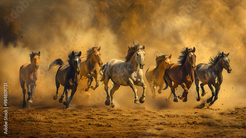 Desert sunset with camels and a herd of horses silhouetted against the sky, capturing the essence of nature and western life