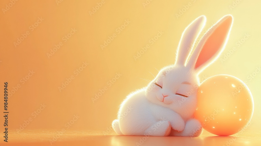 Obraz premium A cute white bunny rests its head on a large egg, bathed in warm light.