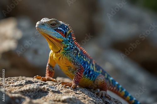 Colorful lizard with blue, yellow, and red markings on a rock.