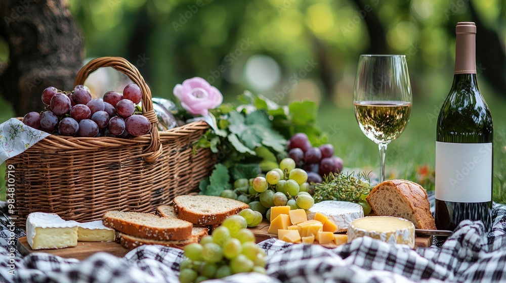 Picnic setup with wicker basket sandwiches cheese grapes wine on checkered blanket Picnic setup with wicker basket sandwiches cheese grapes wine on checkered blanket