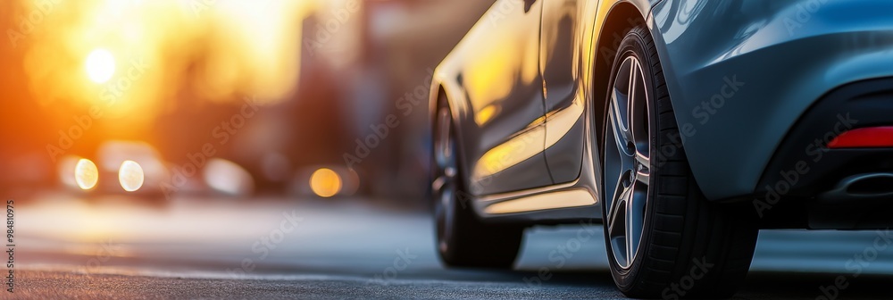 A striking photo featuring a sleek silver car driving on an urban road with the warm hues of sunset in the background. A striking photo featuring a sleek silver car driving on an urban road with the warm hues of sunset in the background.