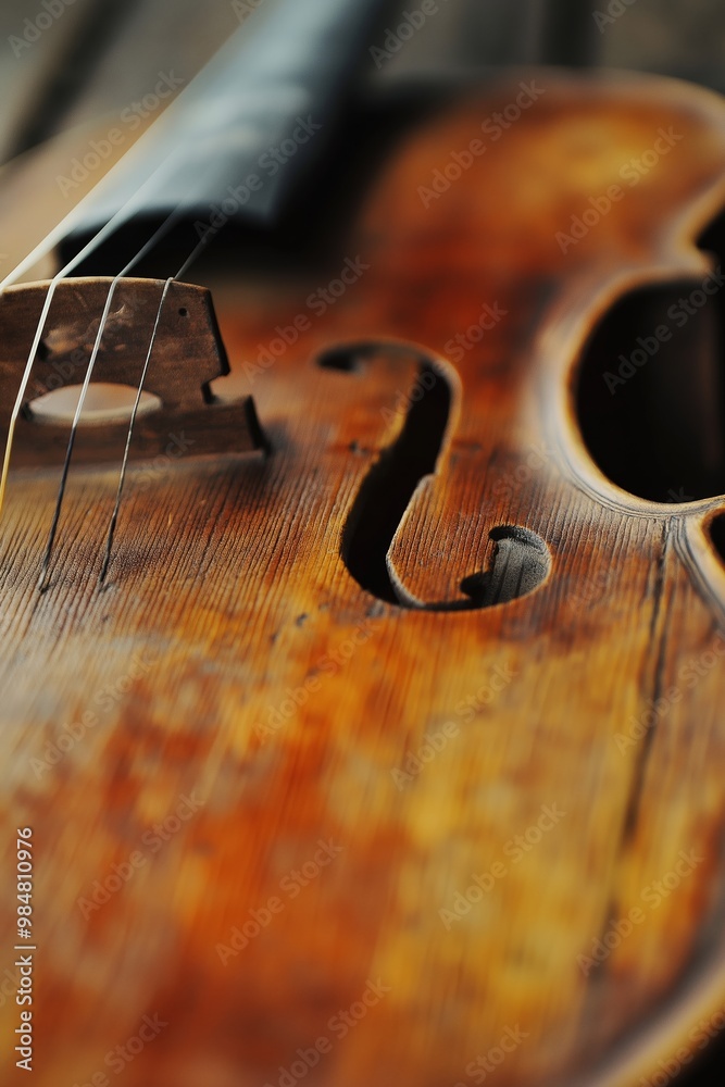 An old violin focusing on the strings and f-hole, showcasing its rich, wooden texture and age. An old violin focusing on the strings and f-hole, showcasing its rich, wooden texture and age.
