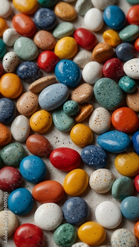 Colorful pebbles scattered on a white surface.