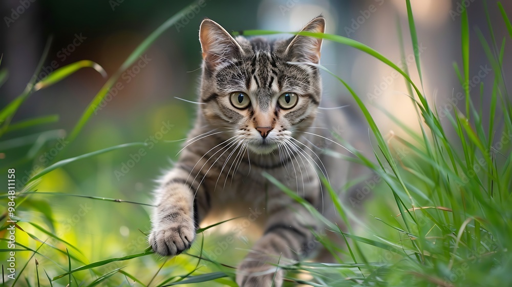 A cat frozen mid-motion, focused and ready to pounce, grass blades bending beneath its paws A cat frozen mid-motion, focused and ready to pounce, grass blades bending beneath its paws