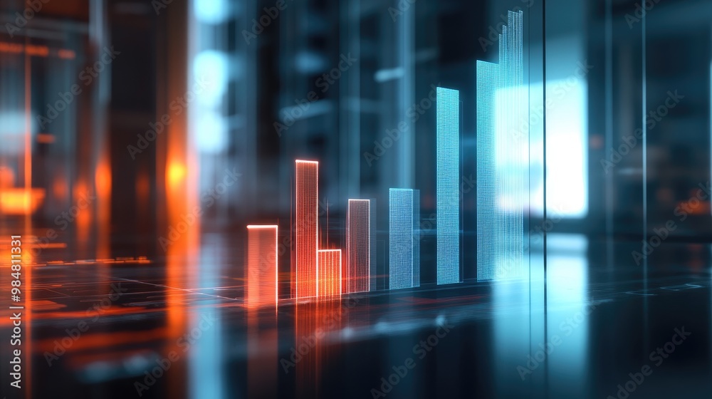 A 3D bar chart on a transparent digital interface, with bars representing different business metrics, shown in an office with blurred background for a high-tech feel A 3D bar chart on a transparent digital interface, with bars representing different business metrics, shown in an office with blurred background for a high-tech feel