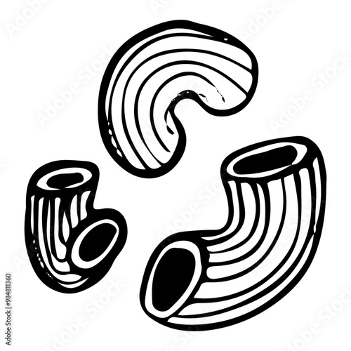 Pasta horns hand drawn doodle. Macaroni curls, tubes. Food made from wheat dough. Food product. Side dish. Grocery. Vector sketch line art illustration.