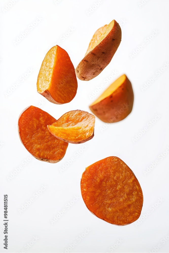 Dynamic close-up of sweet potato slices falling in mid-air, isolated on a white background. Dynamic close-up of sweet potato slices falling in mid-air, isolated on a white background.