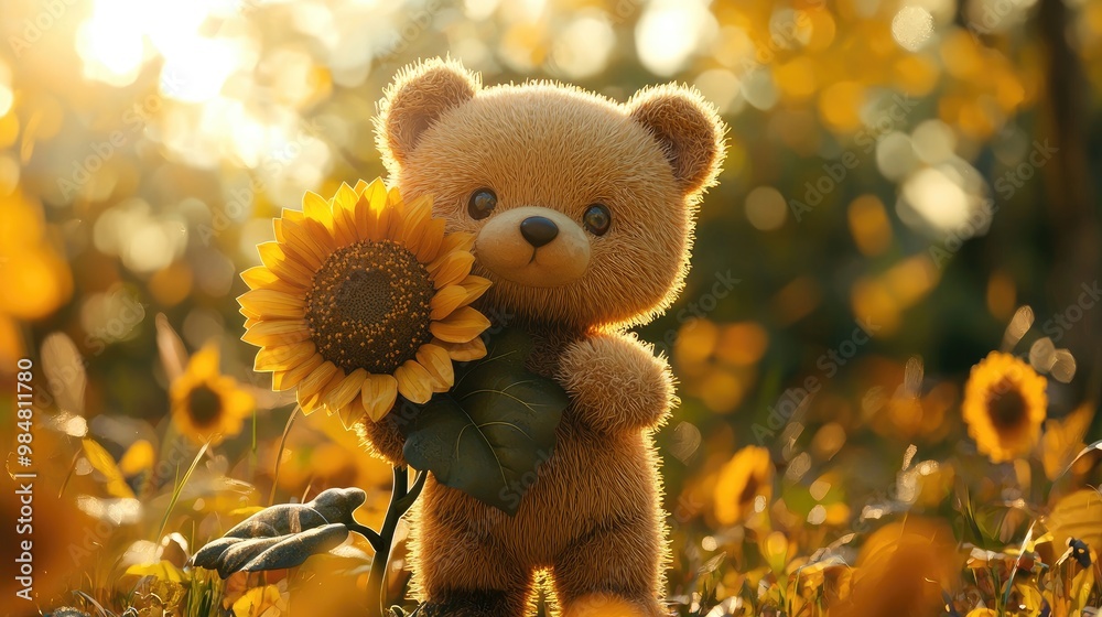 Fototapeta premium Adorable bear hugging sunflower heart eyes sunny background