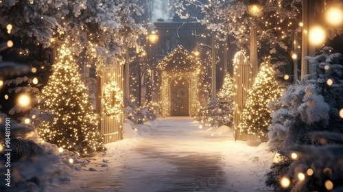 A elegant Winter wonderland featuring silver wooden decorations and glowing lights, creating a festive atmosphere.